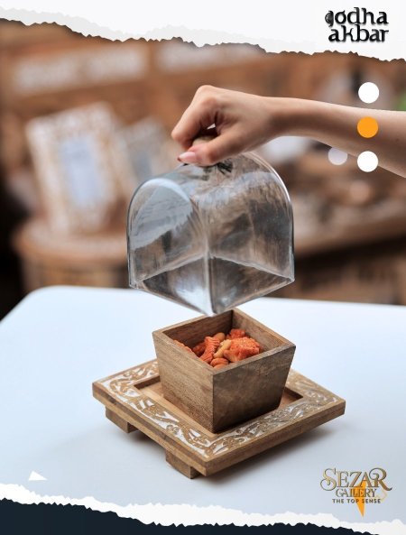 صحن مكسرات من خشب المانجو مع غطاء زجاجي  RAFEEF-29
